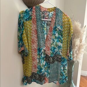 Johnny Was Multicolor Floral Patchwork Blouse